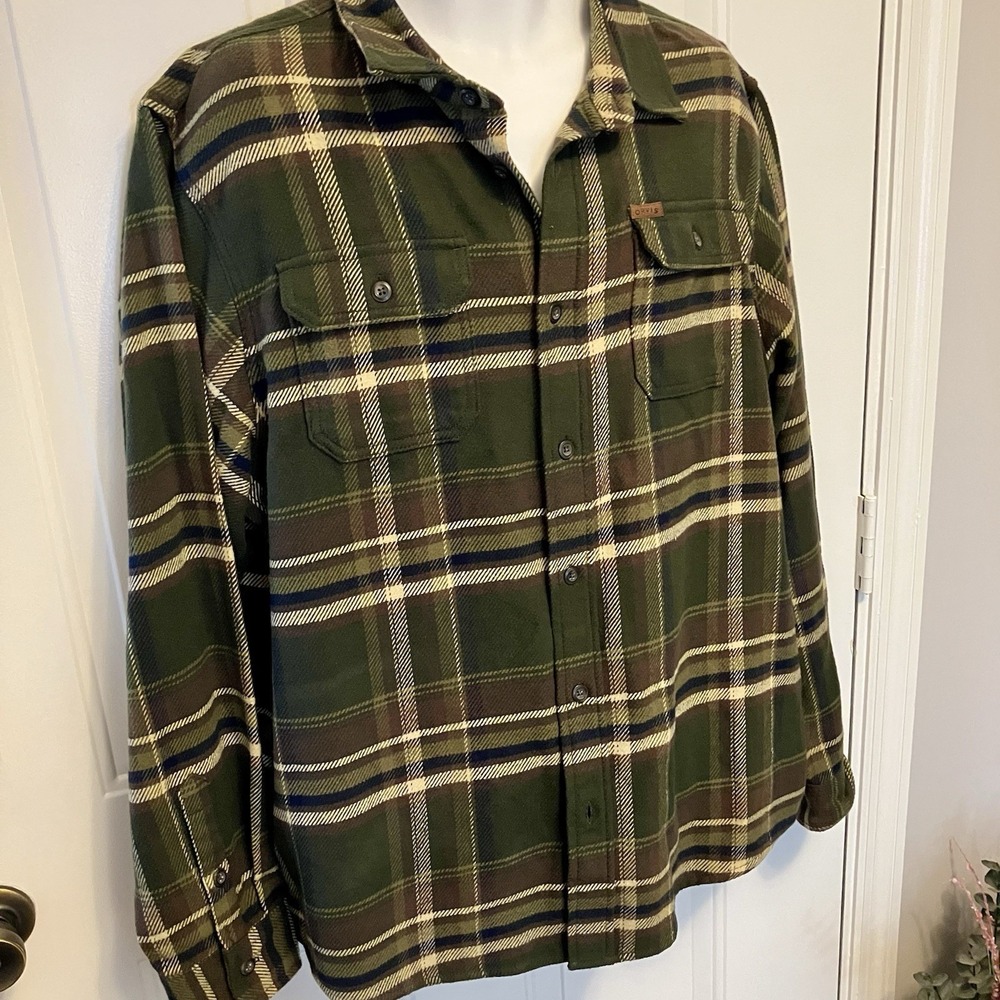 Orvis Men's Sz XL Heavy Green Brown Plaid Flannel Shirt Jacket Shacket Fisherman - Picture 3 of 8